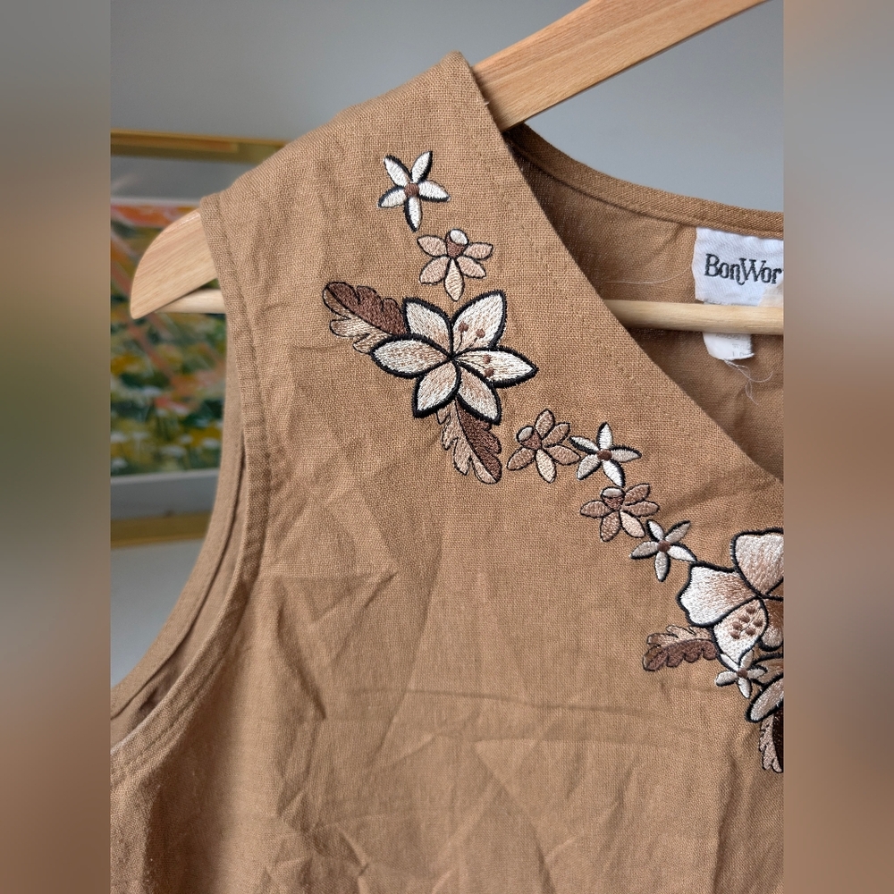 Women's Sleeveless Top Linen Blend Brown Embroidered Large Lagenlook Granola - Picture 3 of 8